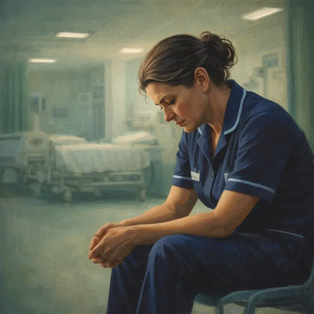 Painting of a tired nurse in navy scrubs sitting with her head bowed on a hospital ward