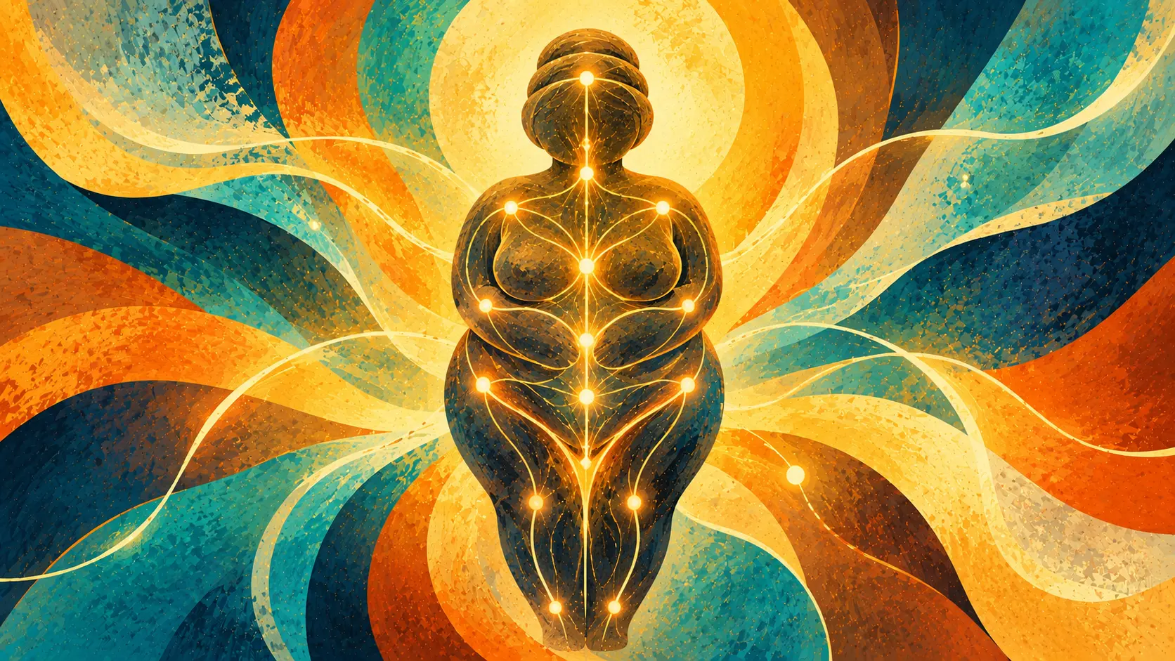 Painted figure of an ancient fertility goddess glowing with points of light, surrounded by flowing teal and orange ribbons
