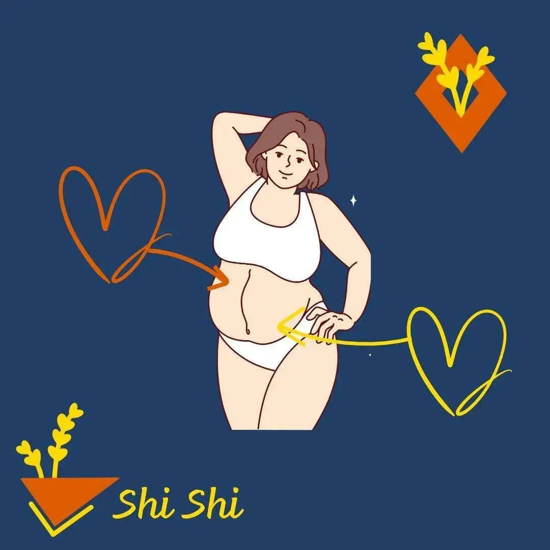 Illustration of a confident curvy woman in white underwear, with heart doodles pointing to her tummy and the Shi Shi logo