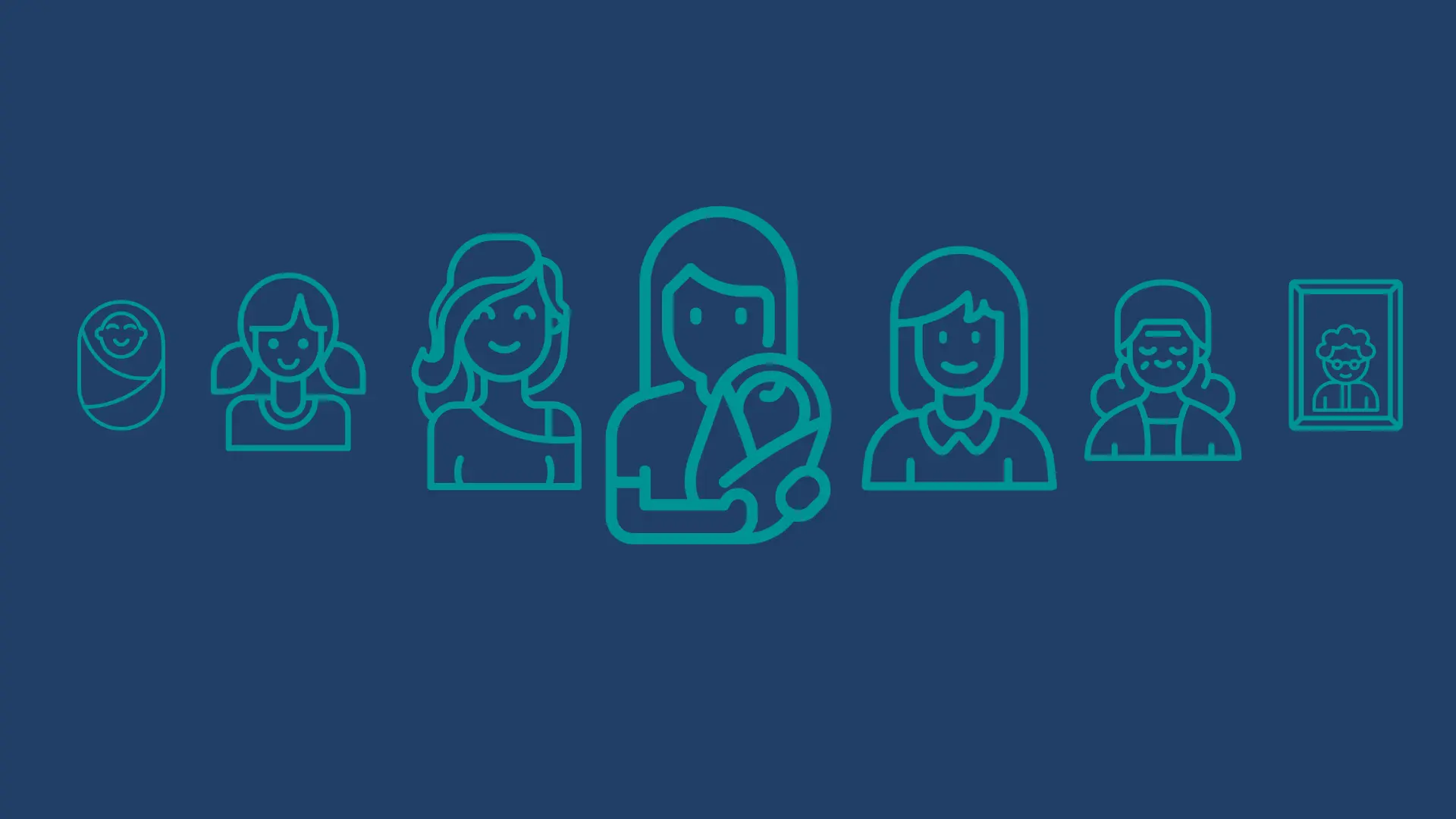 Line icons on navy showing a woman’s life stages: baby, girl, young woman, mother with baby, woman, older woman and a framed portrait